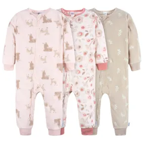 3-Pack Infant & Toddler Girls Pink Deer Footless Fleece Pajamas