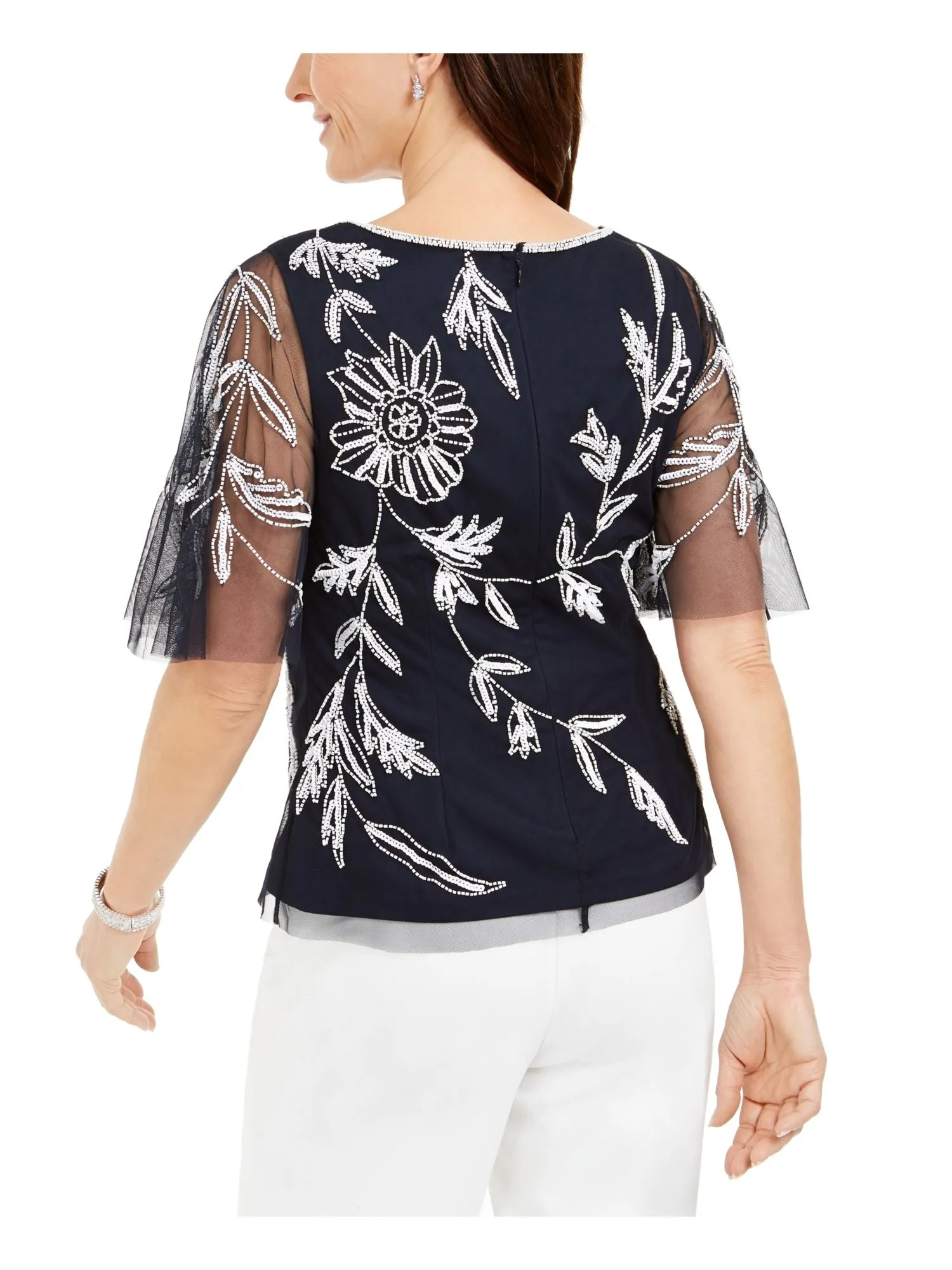 ADRIANNA PAPELL Womens Embellished Flutter V Neck Blouse