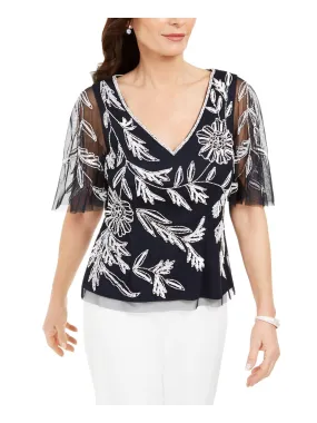 ADRIANNA PAPELL Womens Embellished Flutter V Neck Blouse