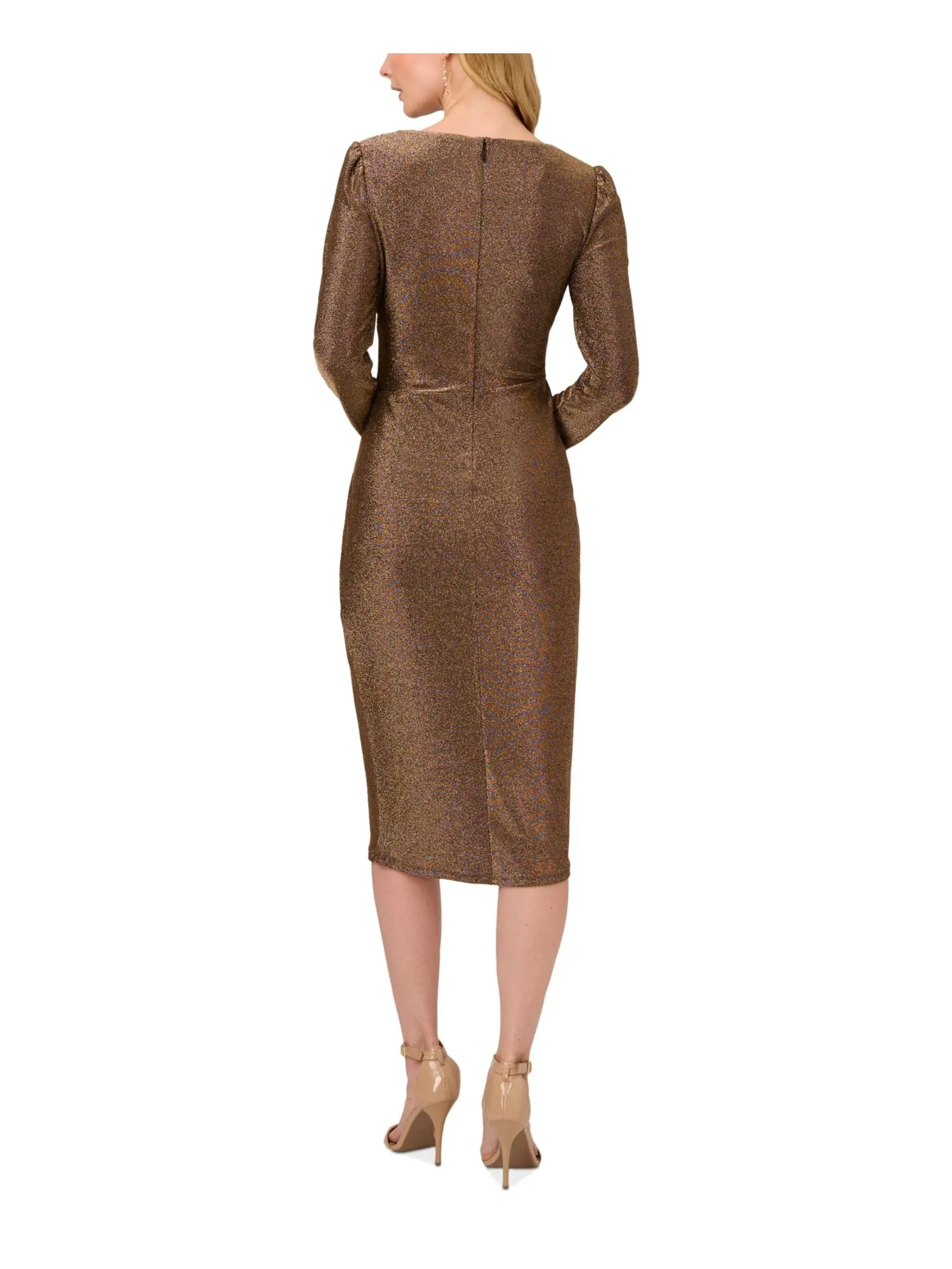 ADRIANNA PAPELL Womens Gold Pleated Zippered Draped Tulip Hem Long Sleeve Surplice Neckline Midi Evening Sheath Dress