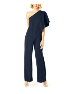 ADRIANNA PAPELL Womens Navy Bell Sleeve Asymmetrical Neckline Party Wide Leg Jumpsuit