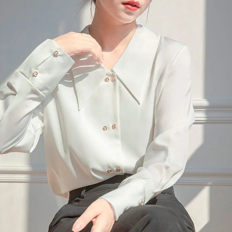 benpaolv Light Academia White Satin Blouse Big Pointy Collar