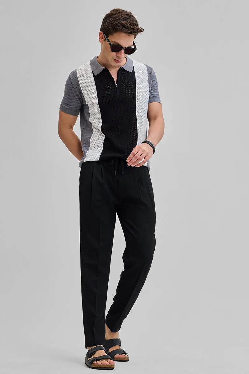 Black Textured Relaxed Fit Trousers