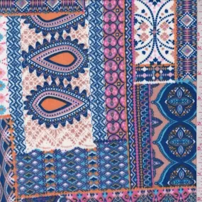 Blue/Pink/Orange Moroccan Patchwork Double Brushed Jersey Knit Fabric