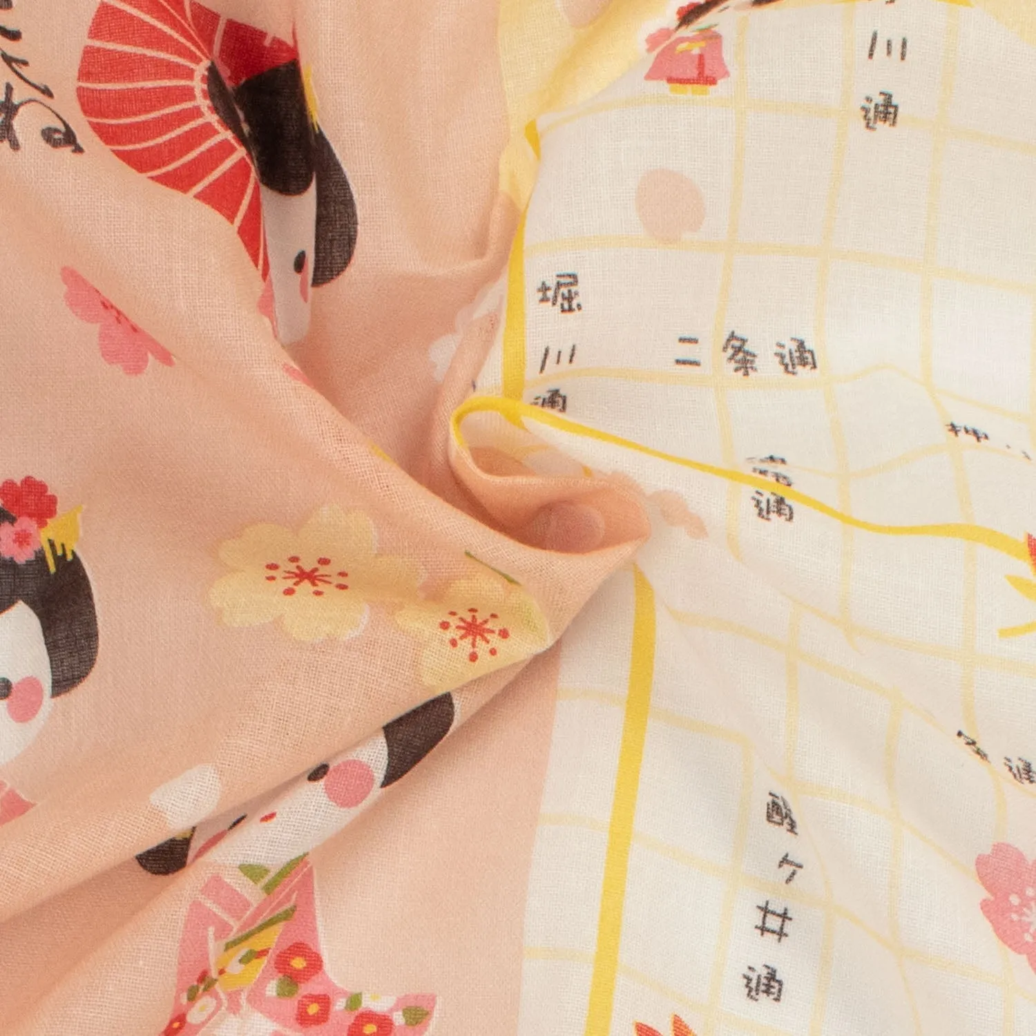 Border Printed Cotton Voile Design-13 Kimono Dolls & Sakura on Coral/Yellow Checks