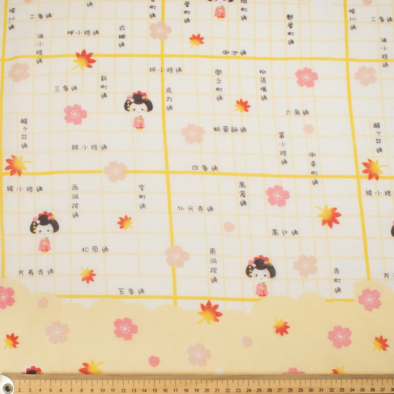 Border Printed Cotton Voile Design-13 Kimono Dolls & Sakura on Coral/Yellow Checks