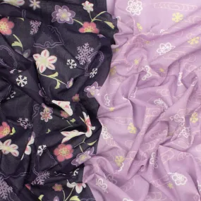 Border Printed Cotton Voile Design-21 White Florals on Lilac/Pink Flowers on Dark Purple