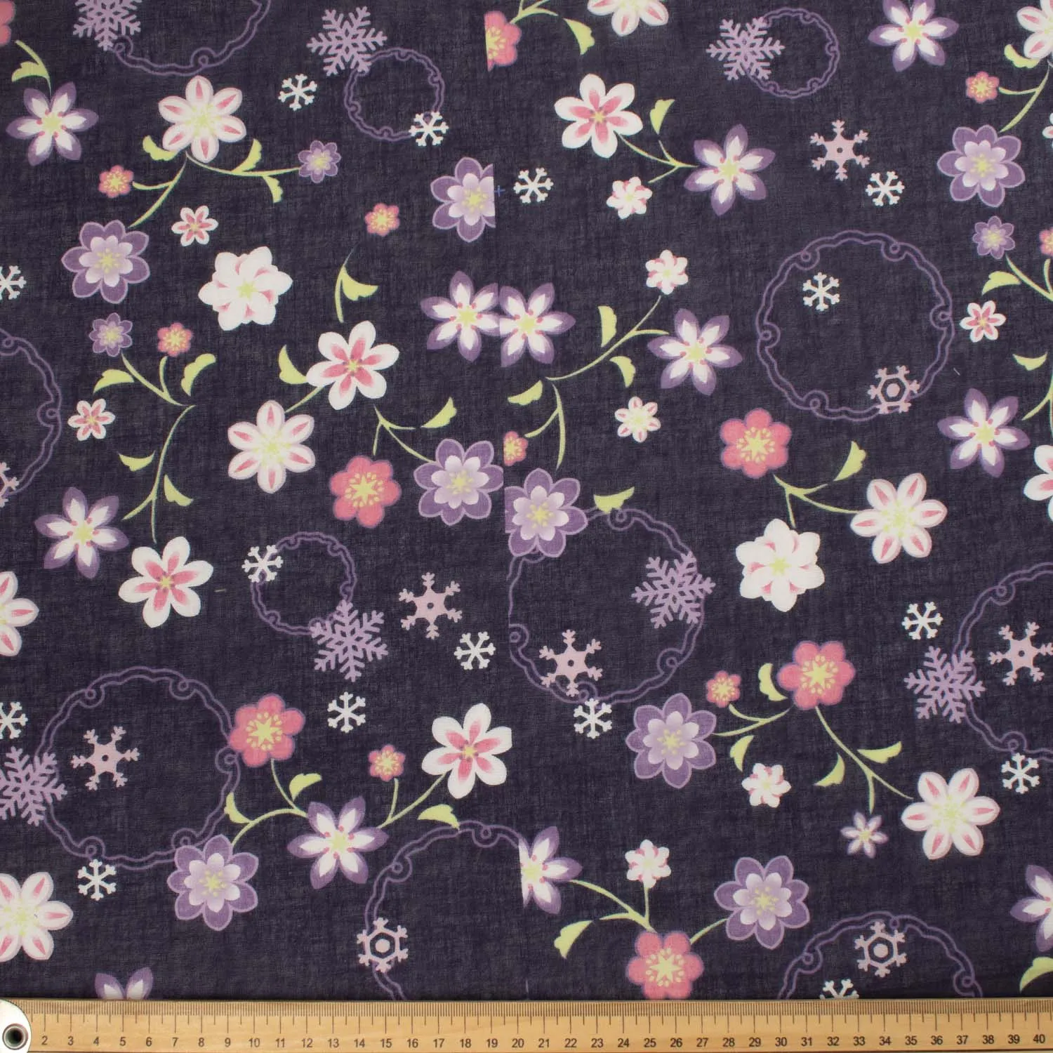 Border Printed Cotton Voile Design-21 White Florals on Lilac/Pink Flowers on Dark Purple