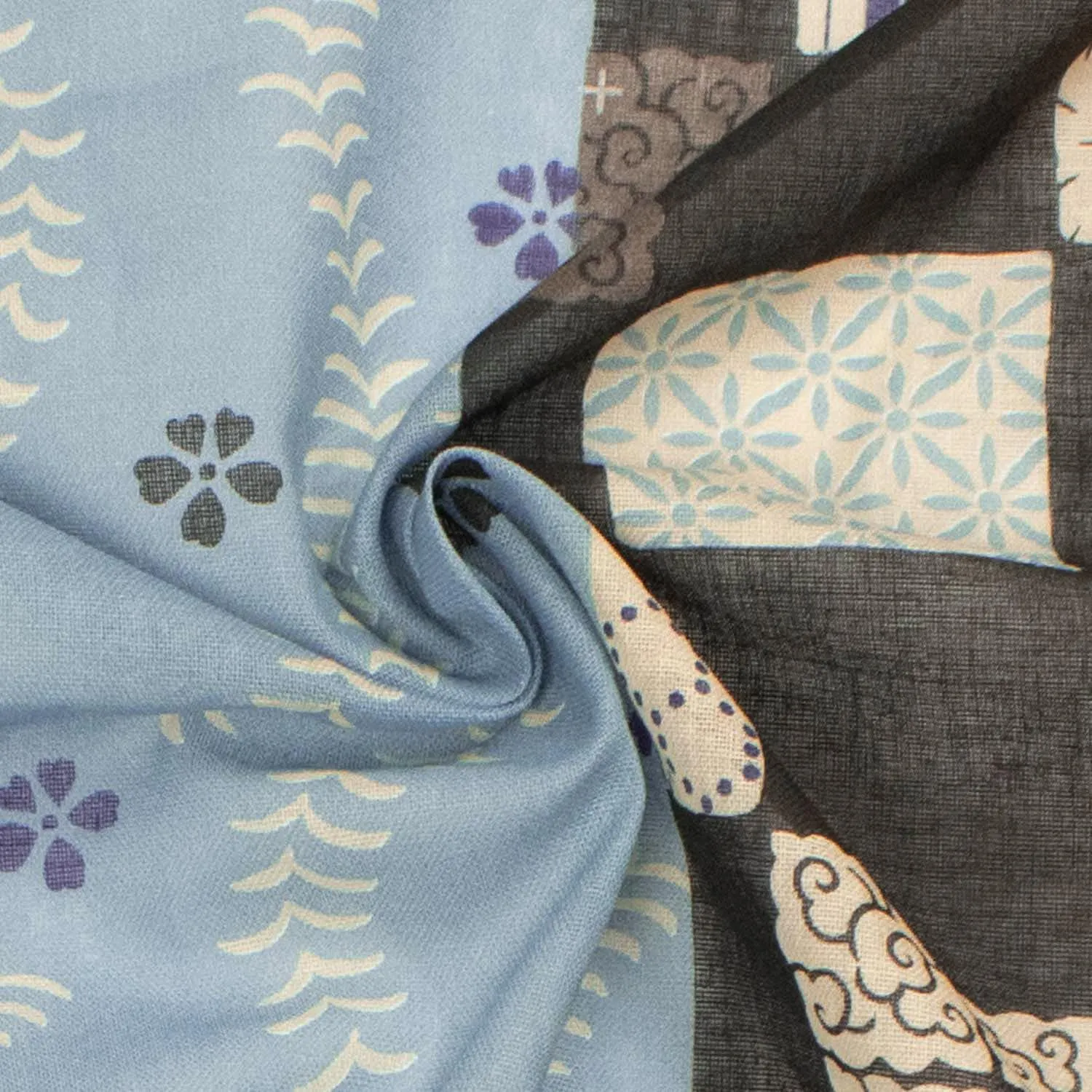 Border Printed Cotton Voile Design-24 White Vines on Blue/Grey Patch Work Checks