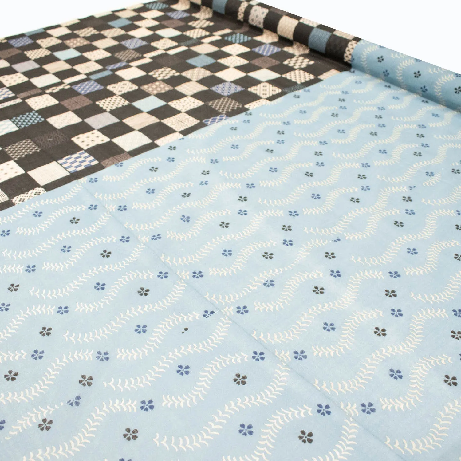 Border Printed Cotton Voile Design-24 White Vines on Blue/Grey Patch Work Checks