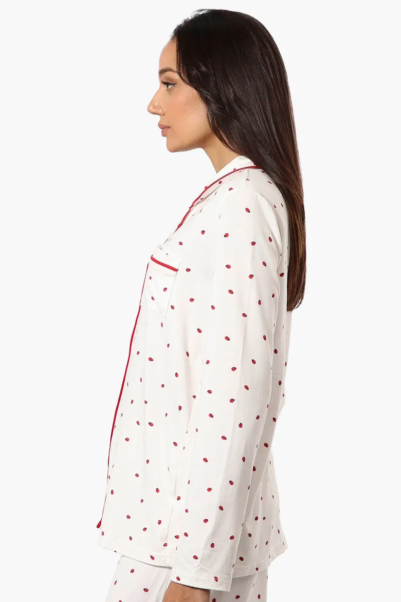 Canada Weather Gear Ladybug Pattern Button Down Pajama Top - White