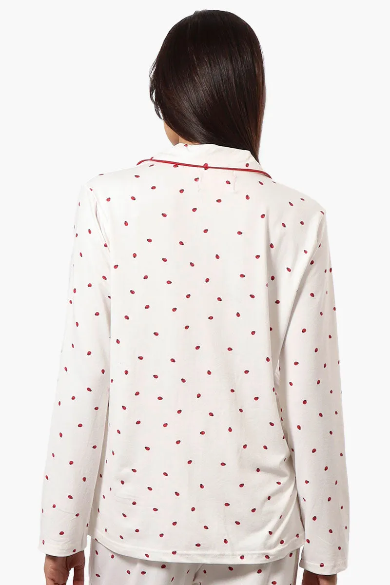 Canada Weather Gear Ladybug Pattern Button Down Pajama Top - White