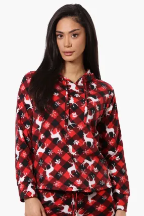 Canada Weather Gear Plaid Reindeer Pattern Hooded Pajama Top - Red