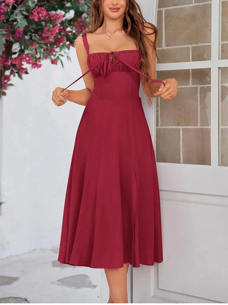 Chiffon Corset Flowy Slit Lace-Up Dress