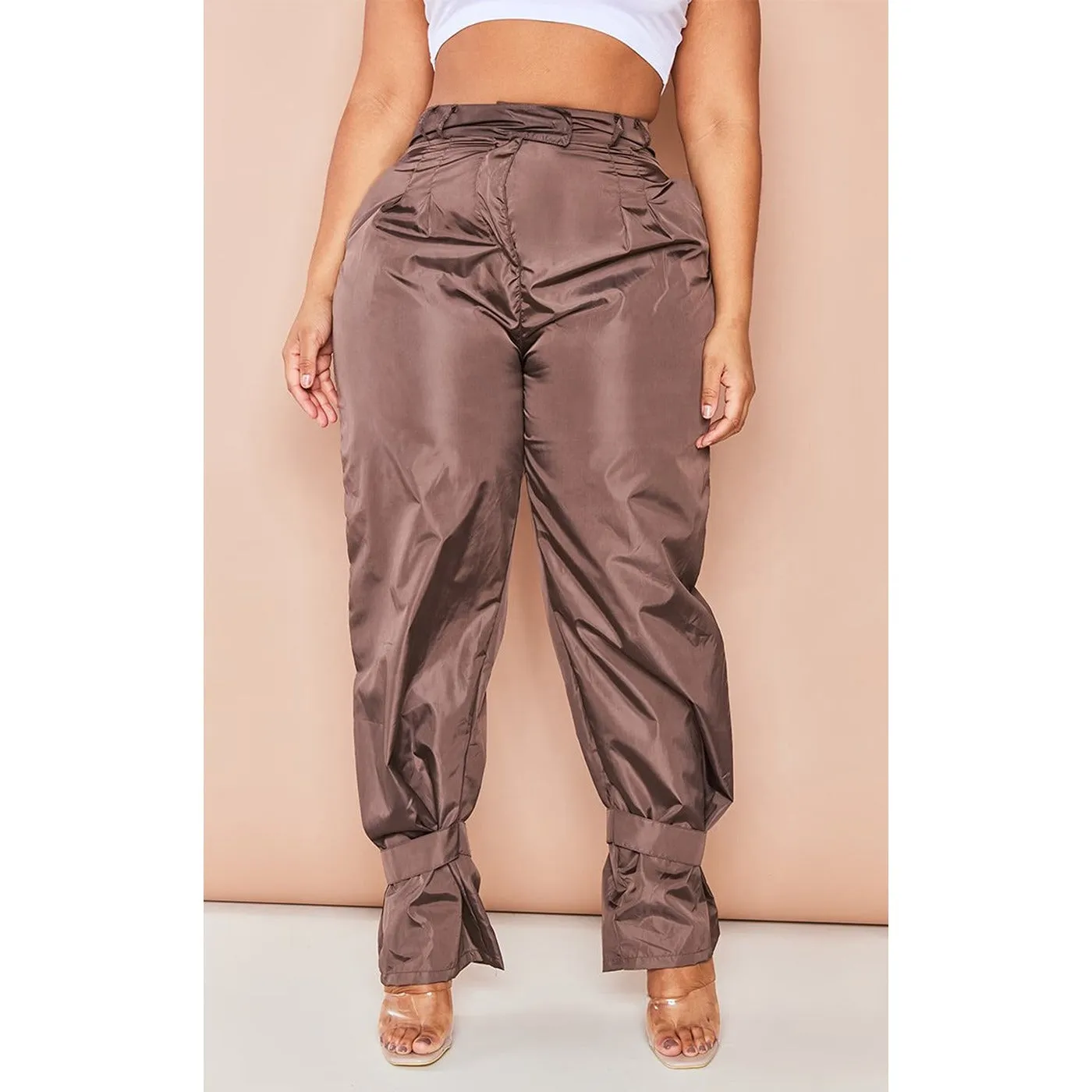 Chocolate Tie Cuff Nylon Trousers