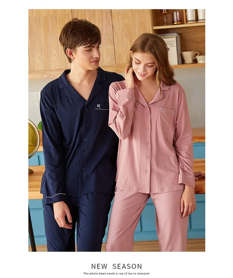 Couple Lapel Long Sleeve Knitted Modal Cotton Pajamas Comfortable Unisex cotton nightwear, lioness-love