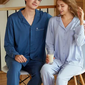 Couple Lapel Long Sleeve Knitted Modal Cotton Pajamas Comfortable Unisex cotton nightwear, lioness-love