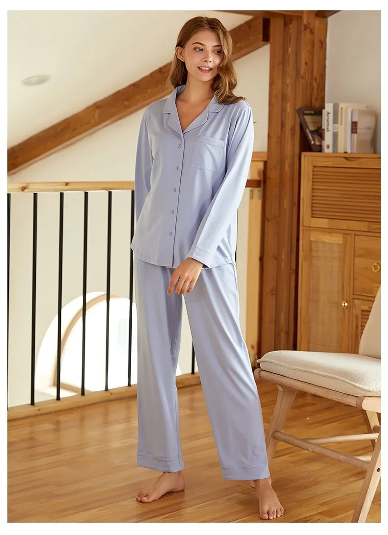 Couple Lapel Long Sleeve Knitted Modal Cotton Pajamas Comfortable Unisex cotton nightwear, lioness-love