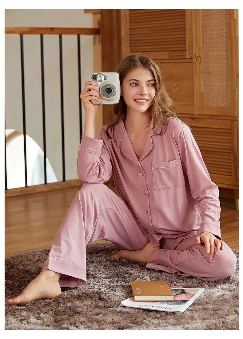 Couple Lapel Long Sleeve Knitted Modal Cotton Pajamas Comfortable Unisex cotton nightwear, lioness-love