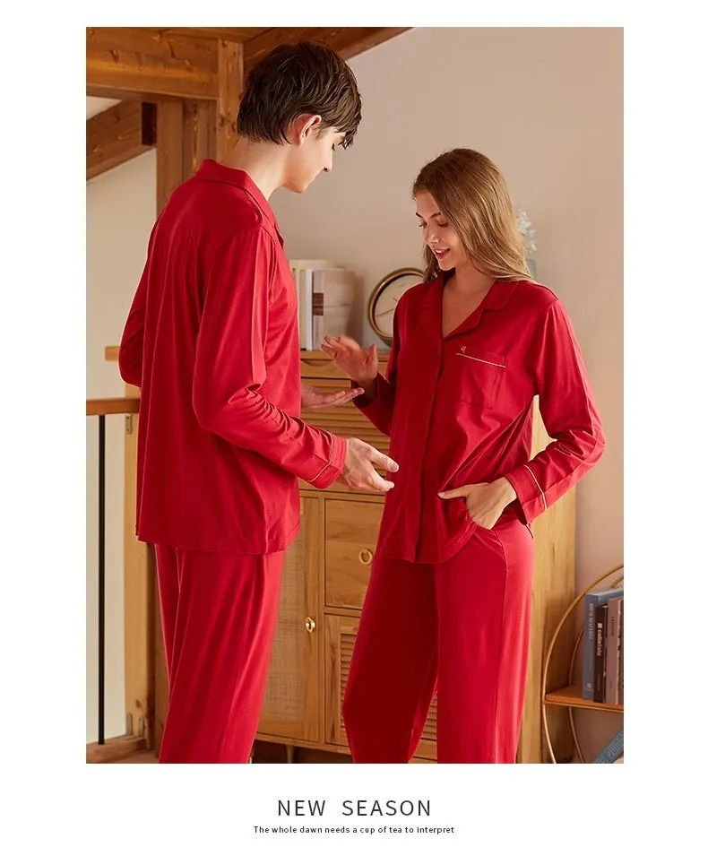 Couple Lapel Long Sleeve Knitted Modal Cotton Pajamas Comfortable Unisex cotton nightwear, lioness-love