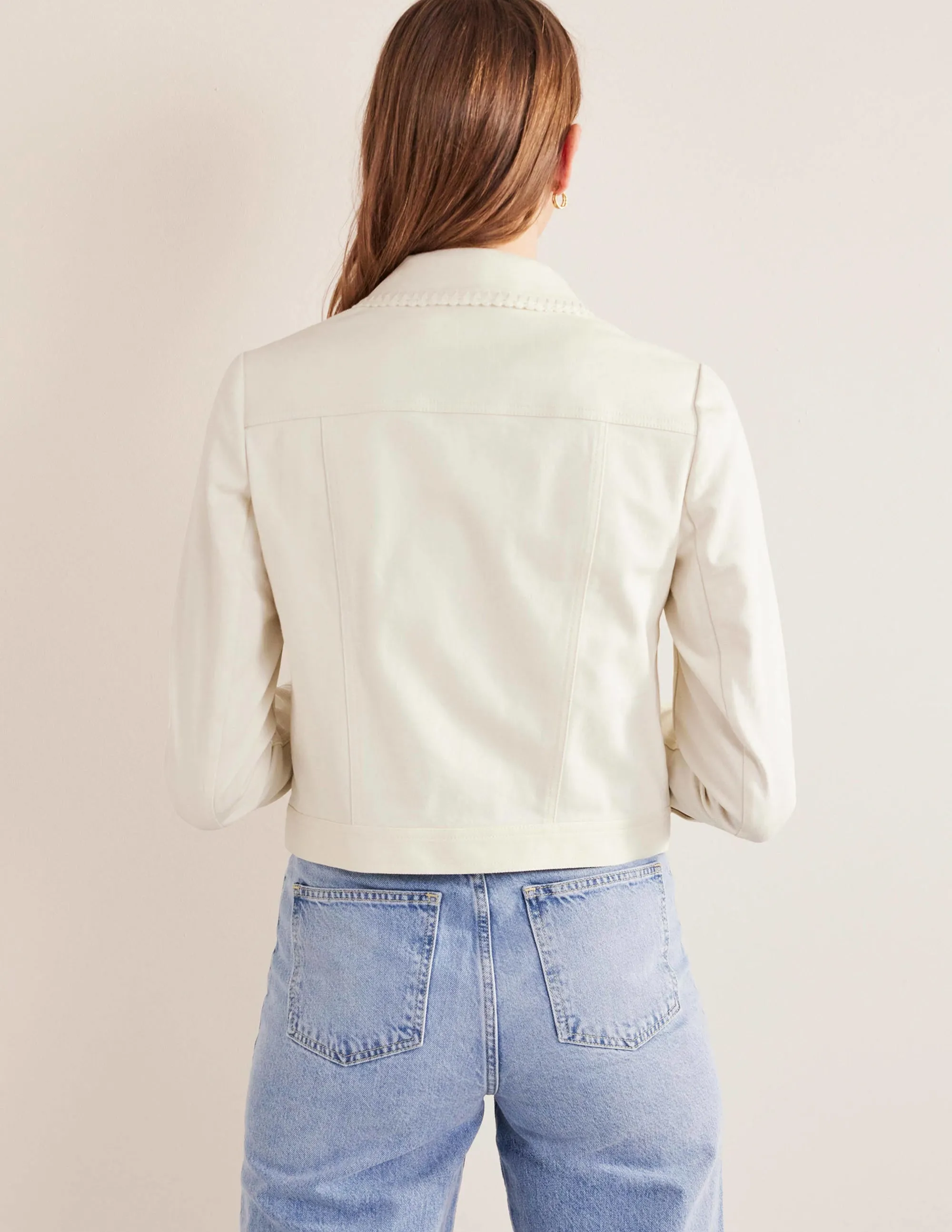 Crochet Trim Denim Jacket-Ecru