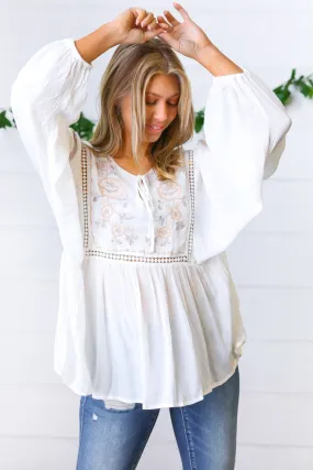 Dream Weaver Embroidered Crochet Peasant Blouse