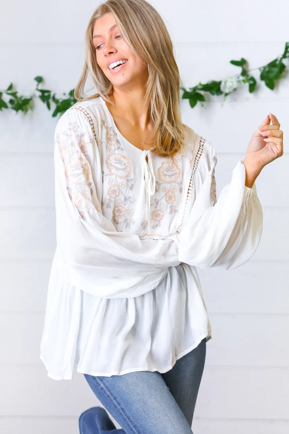 Dream Weaver Embroidered Crochet Peasant Blouse