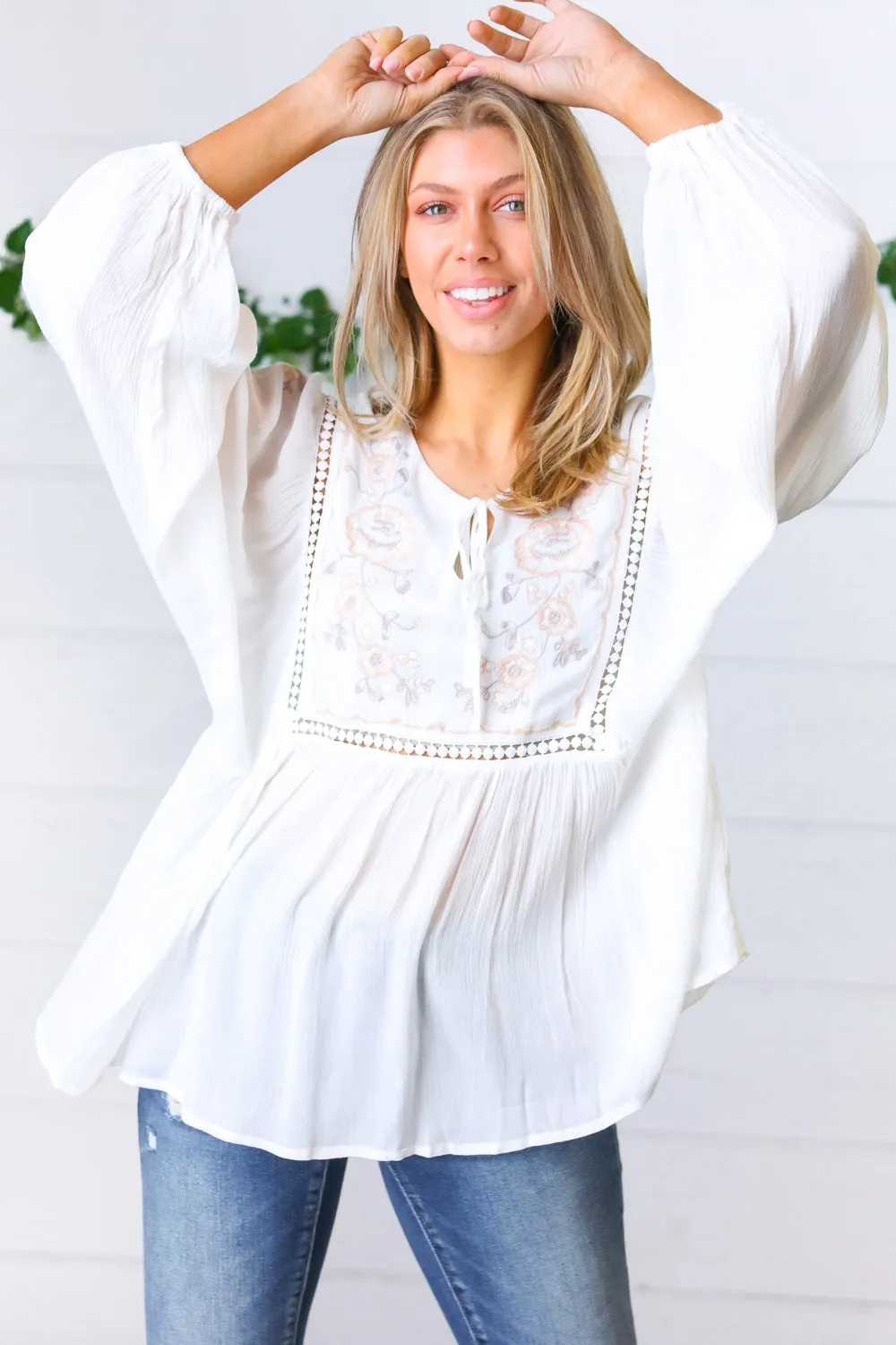 Dream Weaver Embroidered Crochet Peasant Blouse