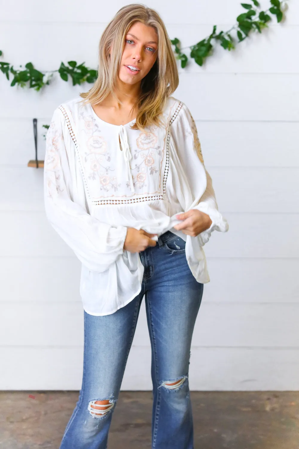 Dream Weaver Embroidered Crochet Peasant Blouse