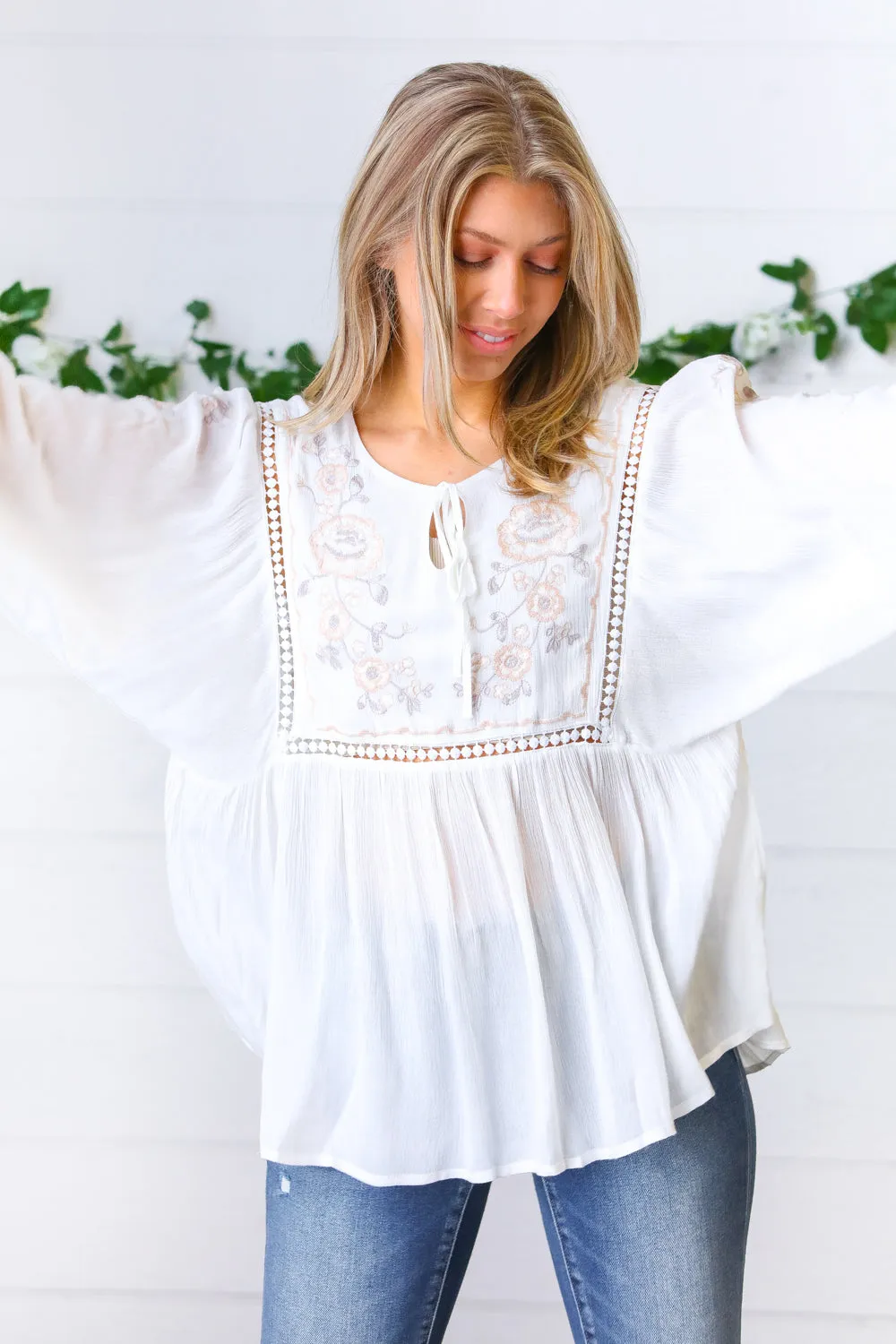 Dream Weaver Embroidered Crochet Peasant Blouse