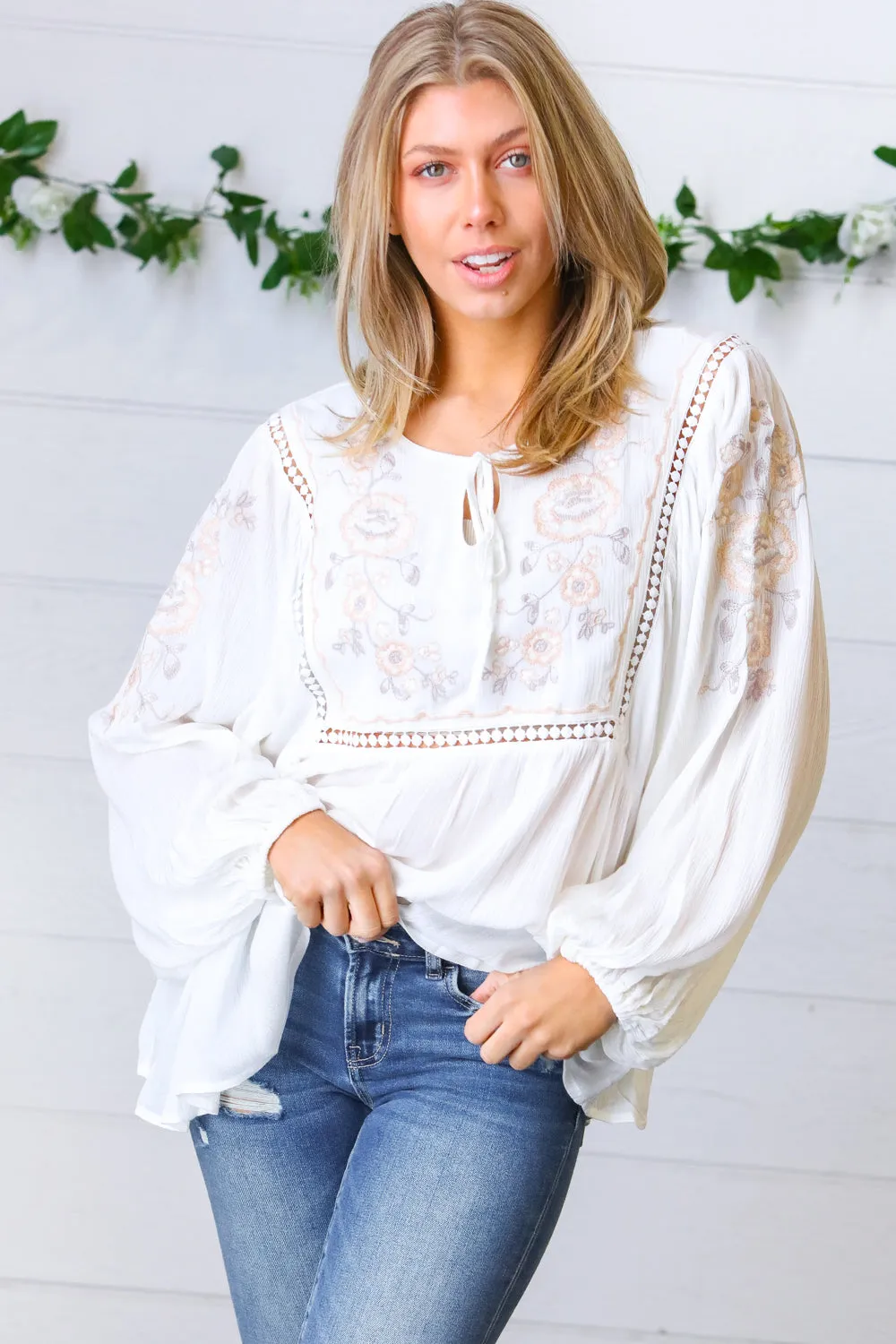 Dream Weaver Embroidered Crochet Peasant Blouse