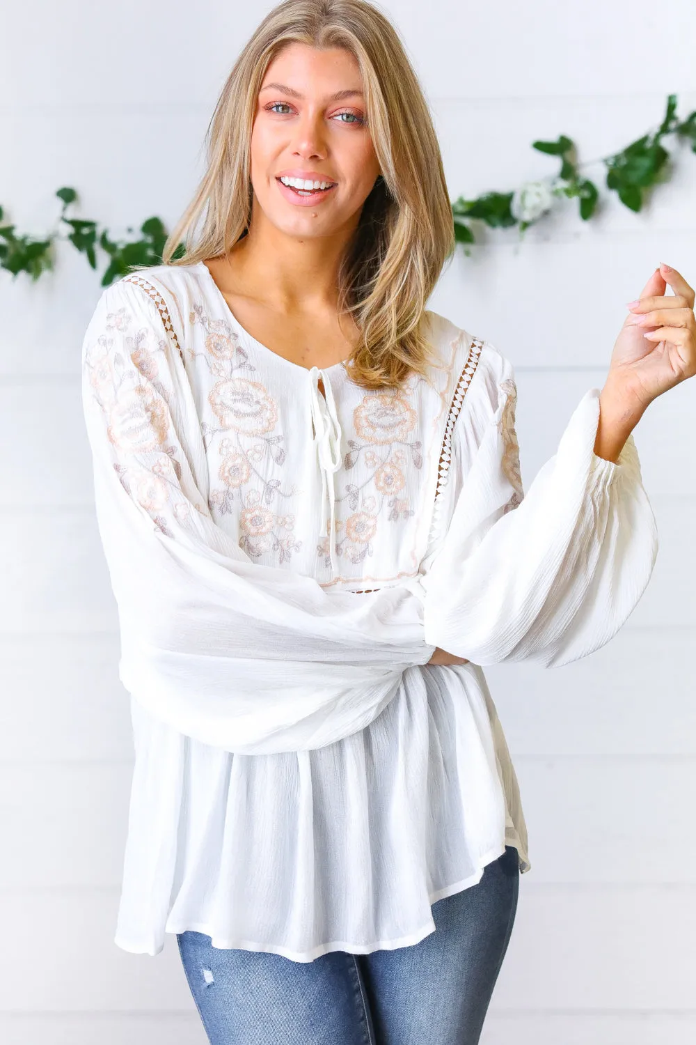 Dream Weaver Embroidered Crochet Peasant Blouse