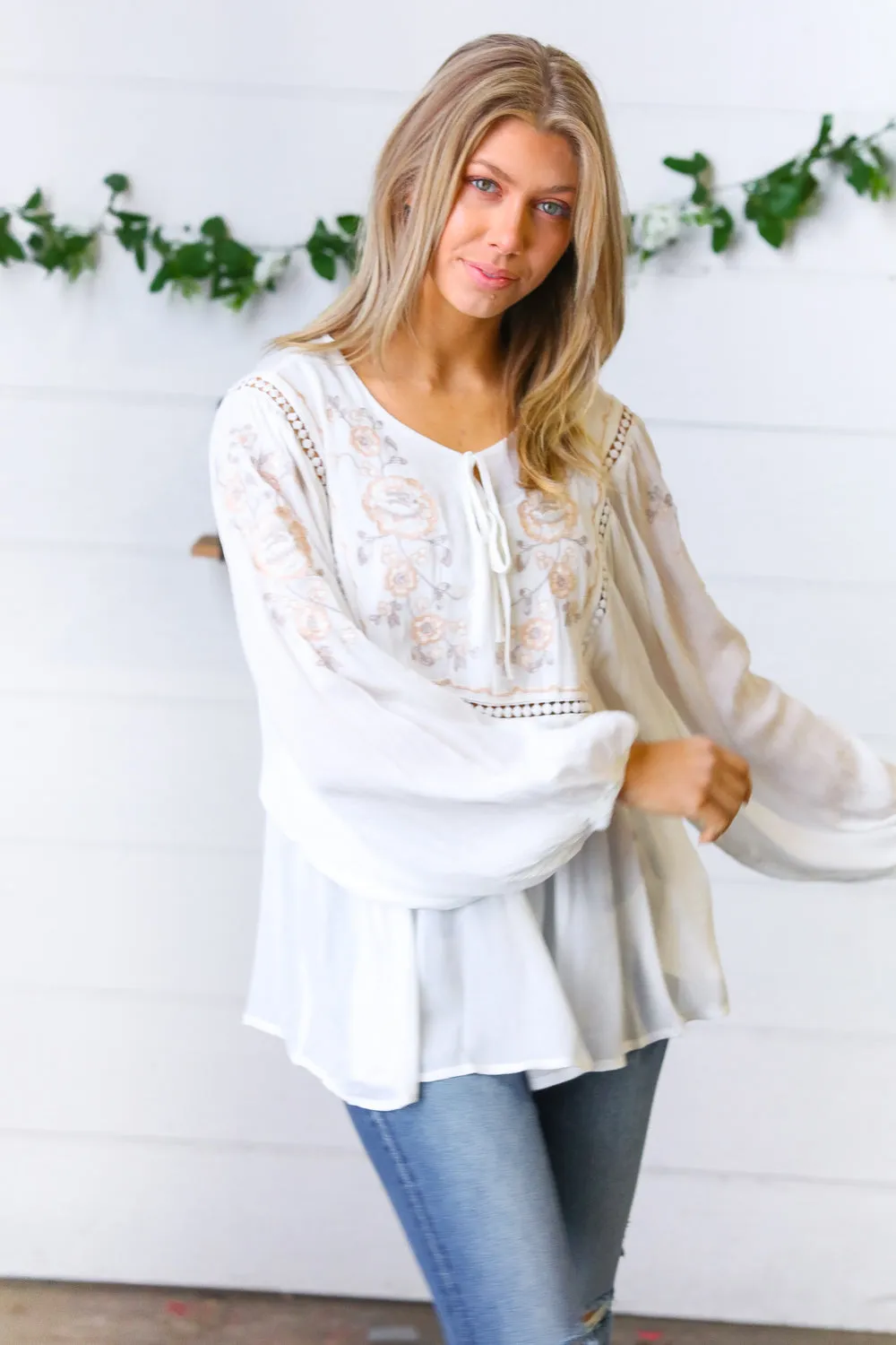 Dream Weaver Embroidered Crochet Peasant Blouse