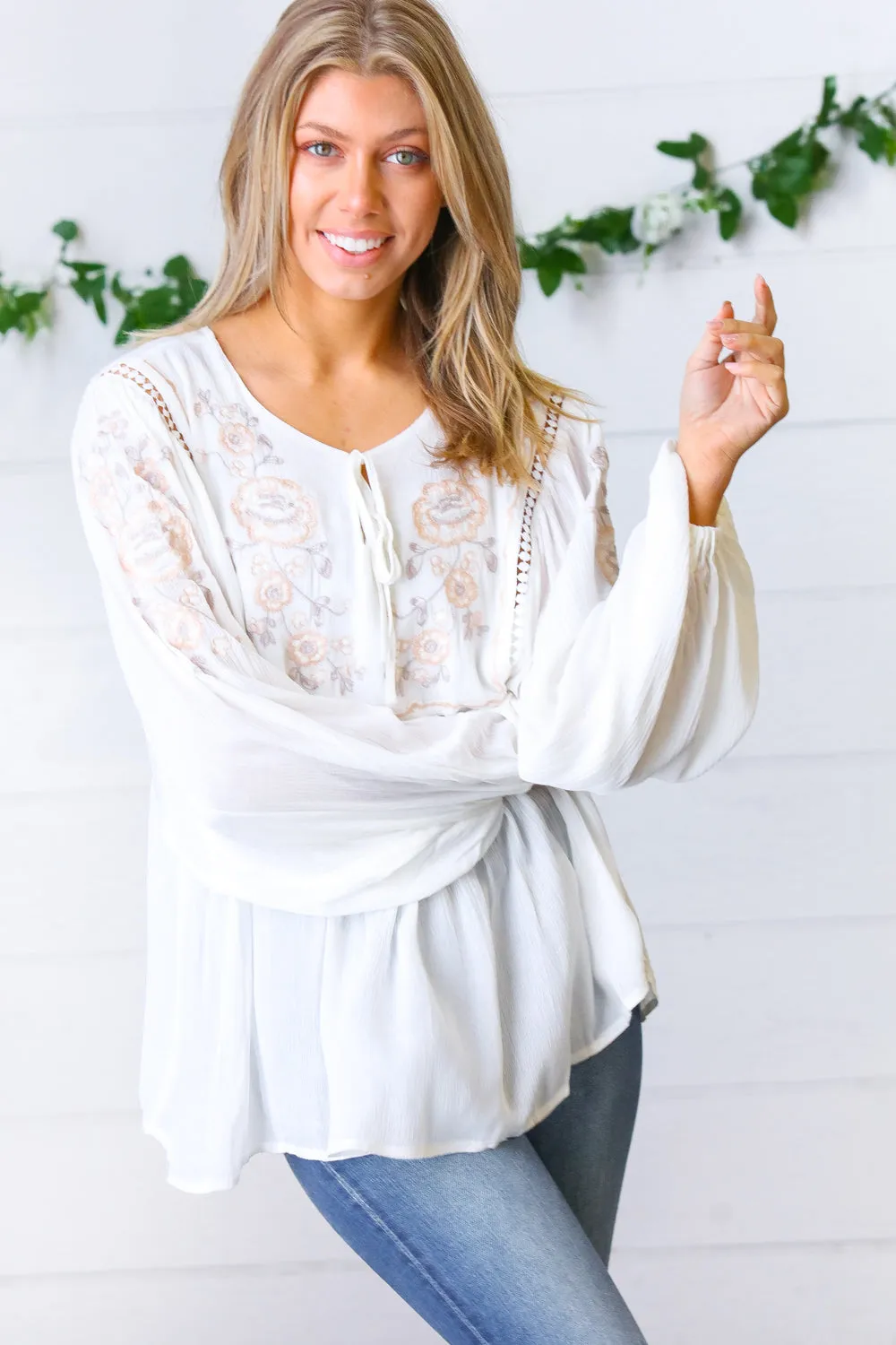 Dream Weaver Embroidered Crochet Peasant Blouse