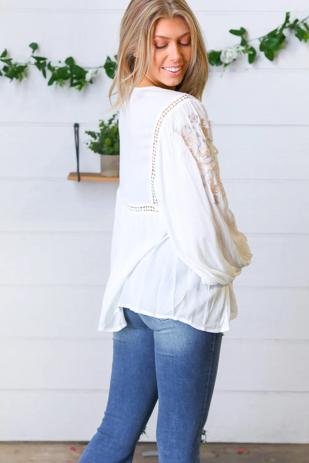 Dream Weaver Embroidered Crochet Peasant Blouse