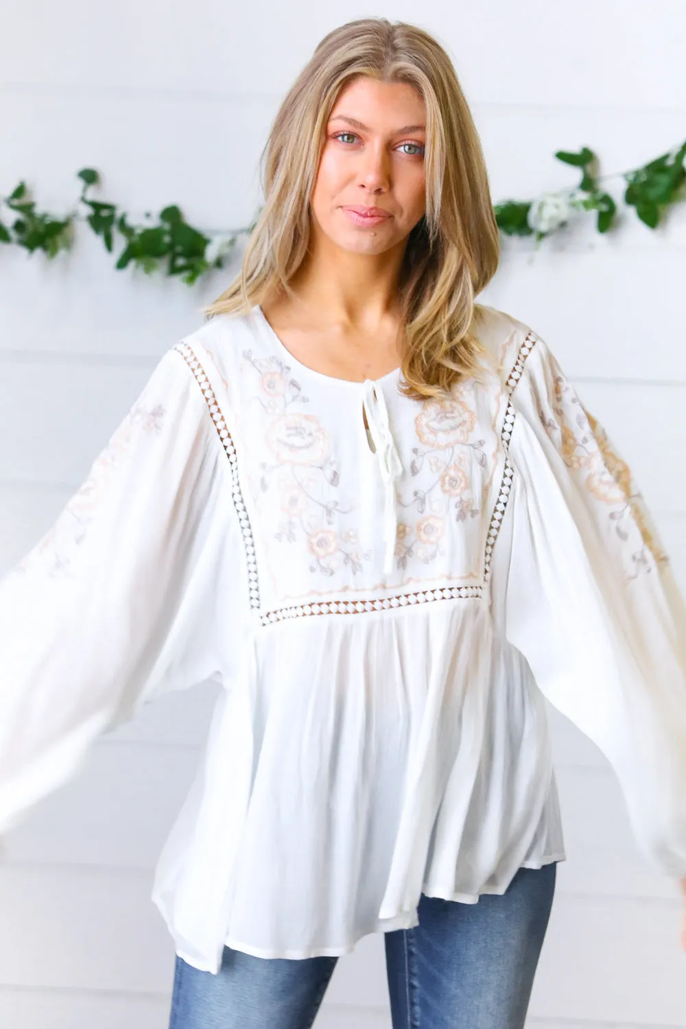 Dream Weaver Embroidered Crochet Peasant Blouse