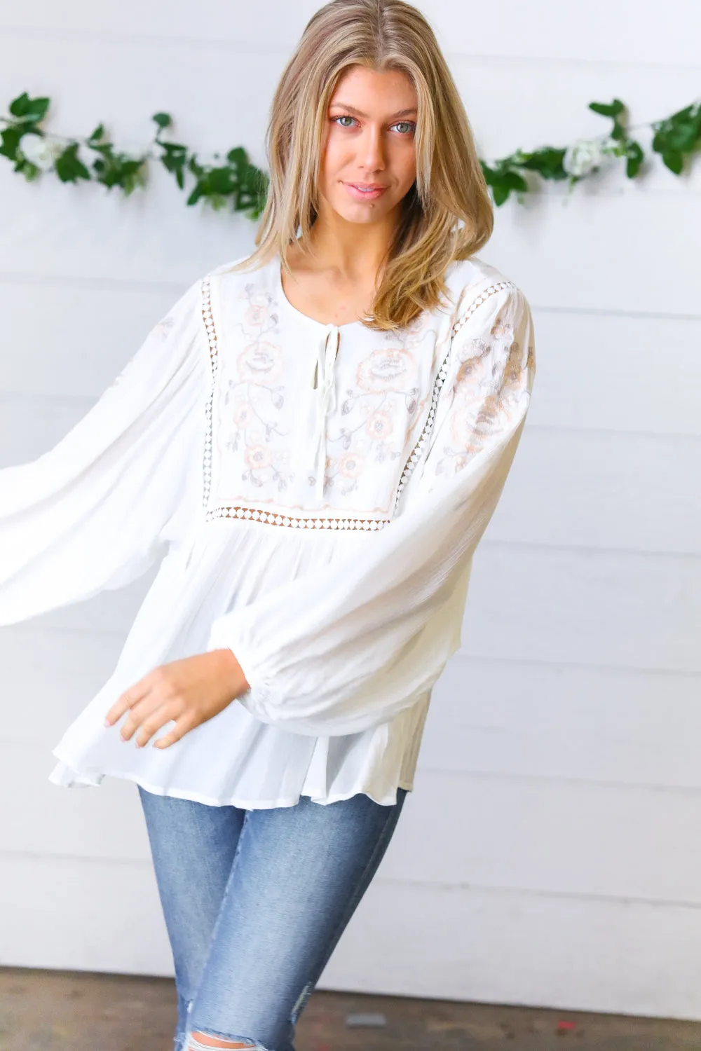 Dream Weaver Embroidered Crochet Peasant Blouse