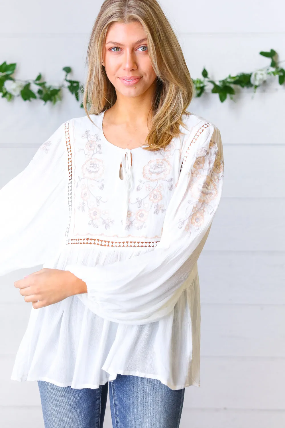 Dream Weaver Embroidered Crochet Peasant Blouse