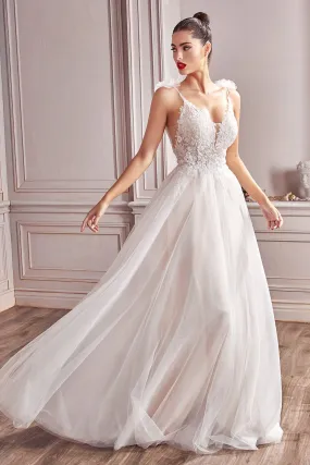 Elegant Floral Long Gown with Flower Accents on Sleeves and Embroidered Bodice Ladivine CD215W