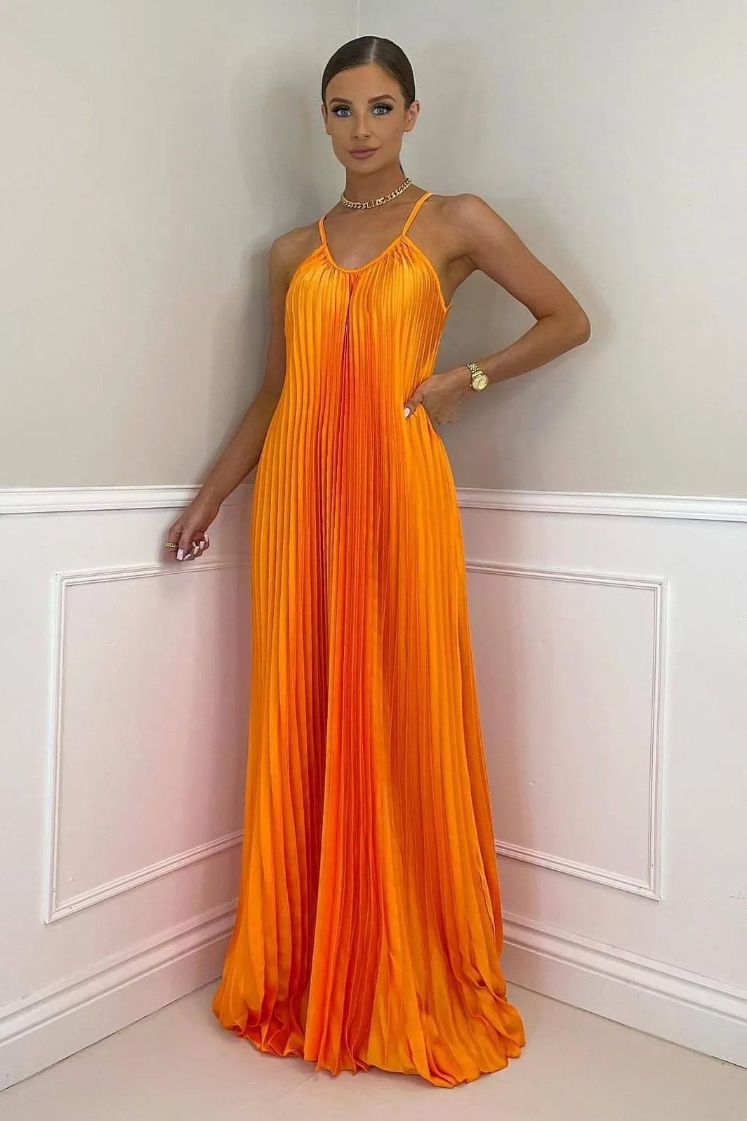 Elegant pleated long halter neck dress