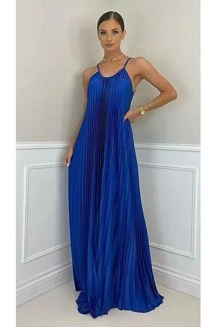 Elegant pleated long halter neck dress