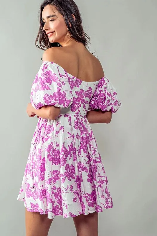 Elsie Blooming Puff Sleeve Dress FUCHSIA