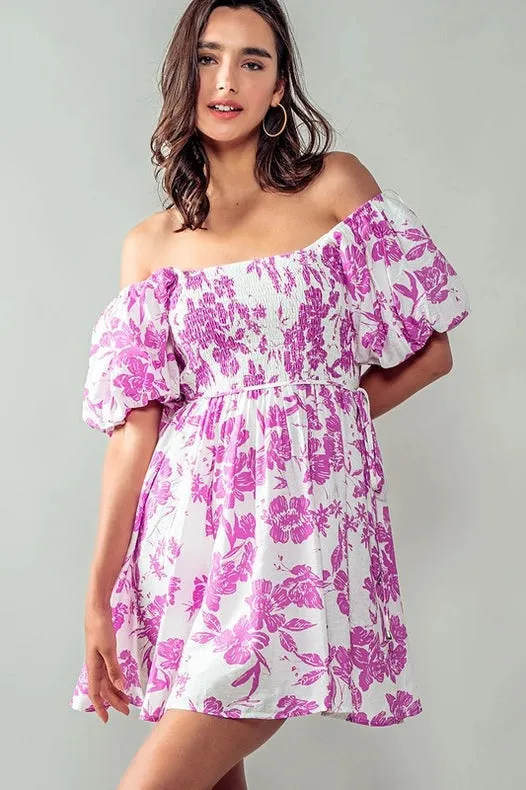 Elsie Blooming Puff Sleeve Dress FUCHSIA