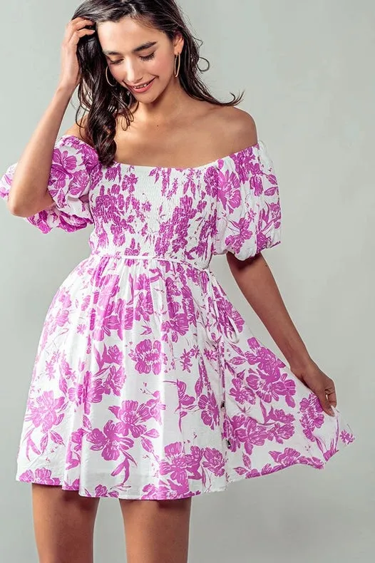 Elsie Blooming Puff Sleeve Dress FUCHSIA