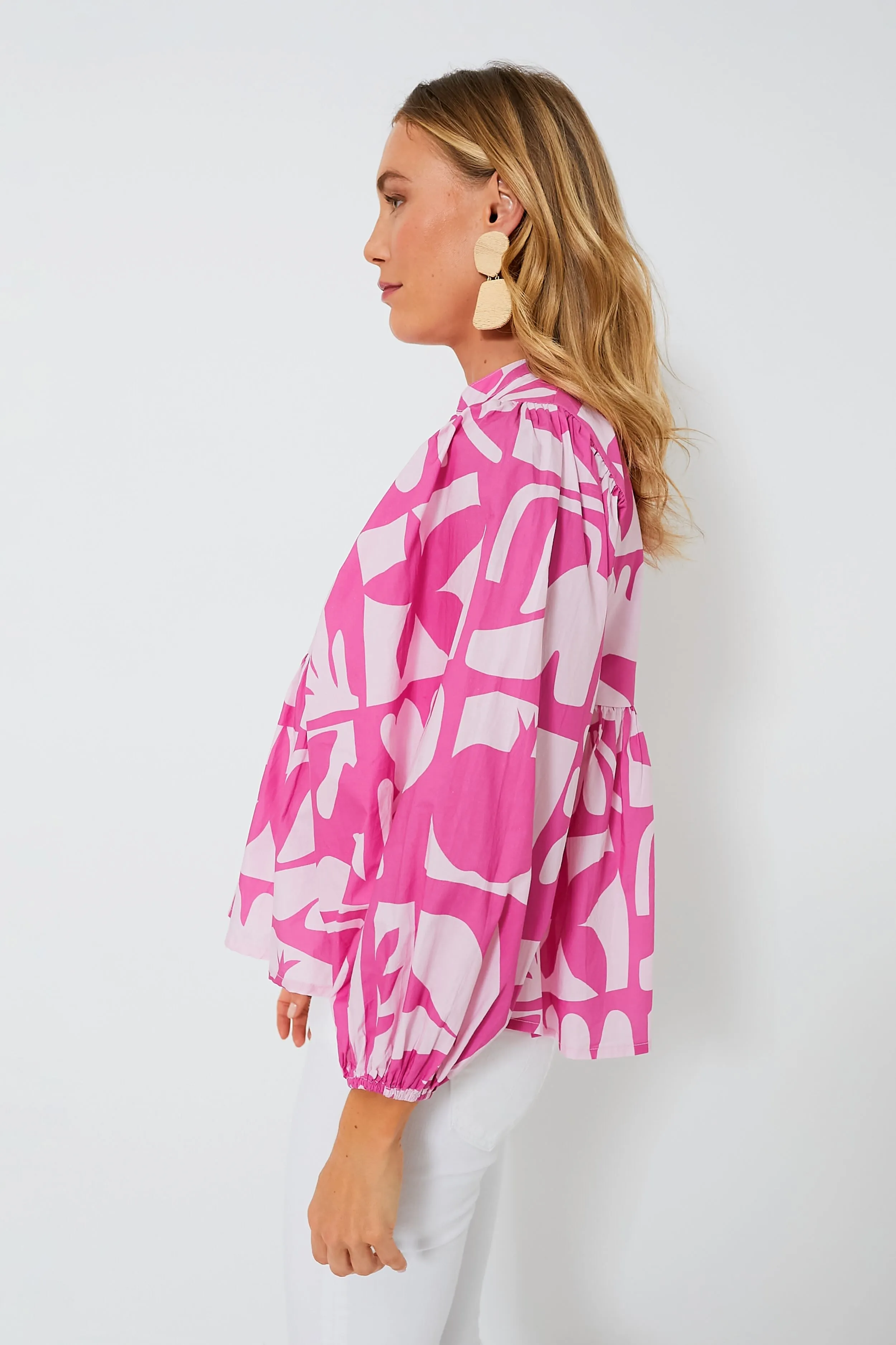 Exclusive Pink Twiggy Mandarin Balloon Sleeve Blouse