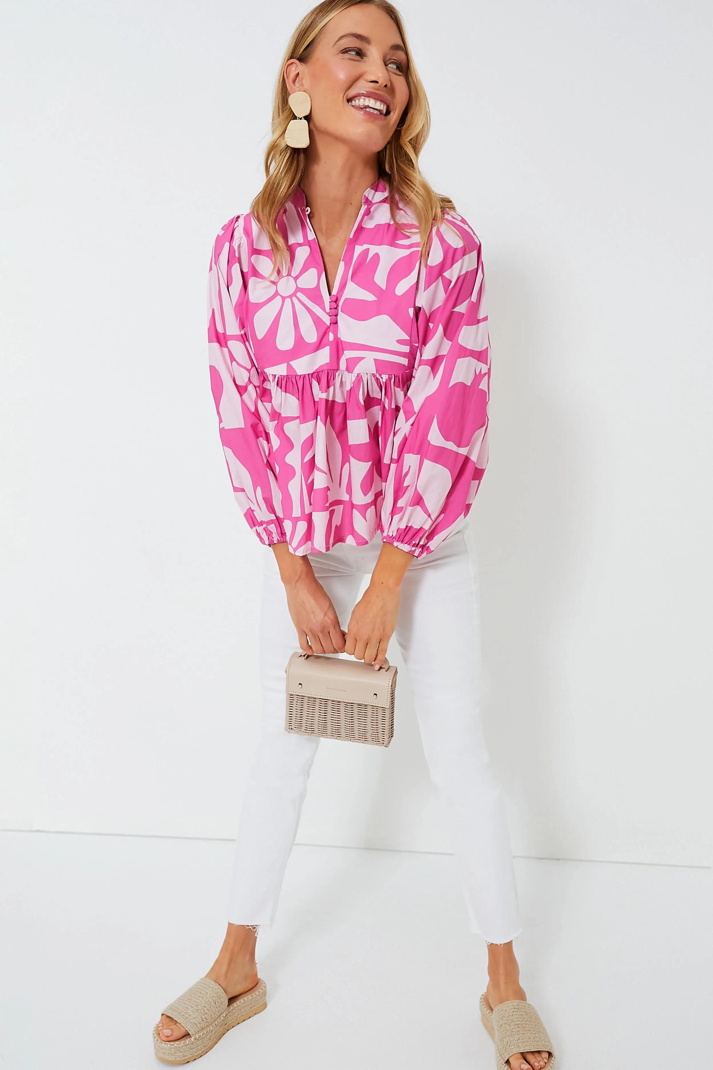 Exclusive Pink Twiggy Mandarin Balloon Sleeve Blouse