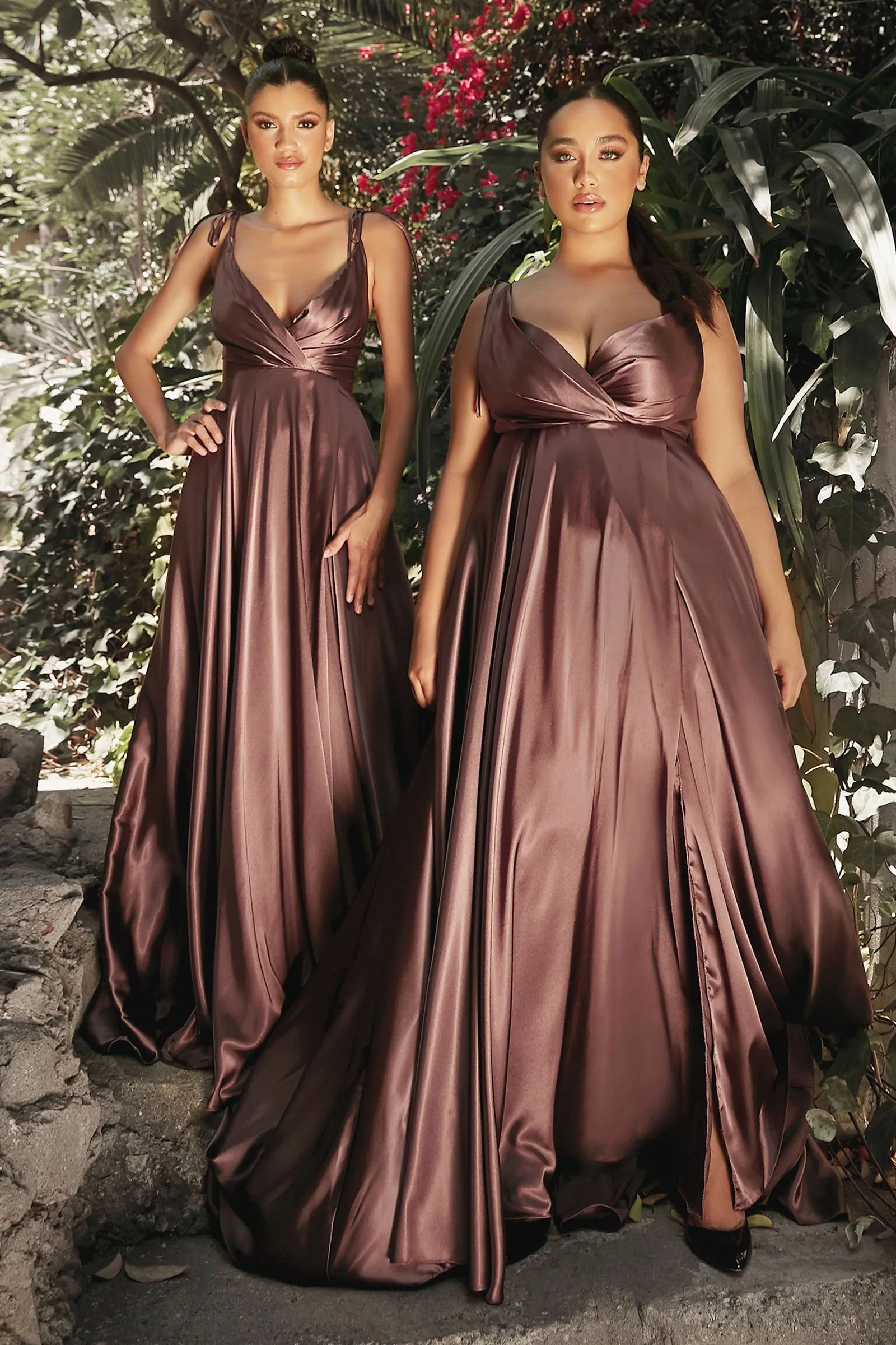 Flowy Satin A-Line Skirt High Leg Slit Fitted on Waist Bodice Tied Straps Long Bridesmaid Dress CDBD105