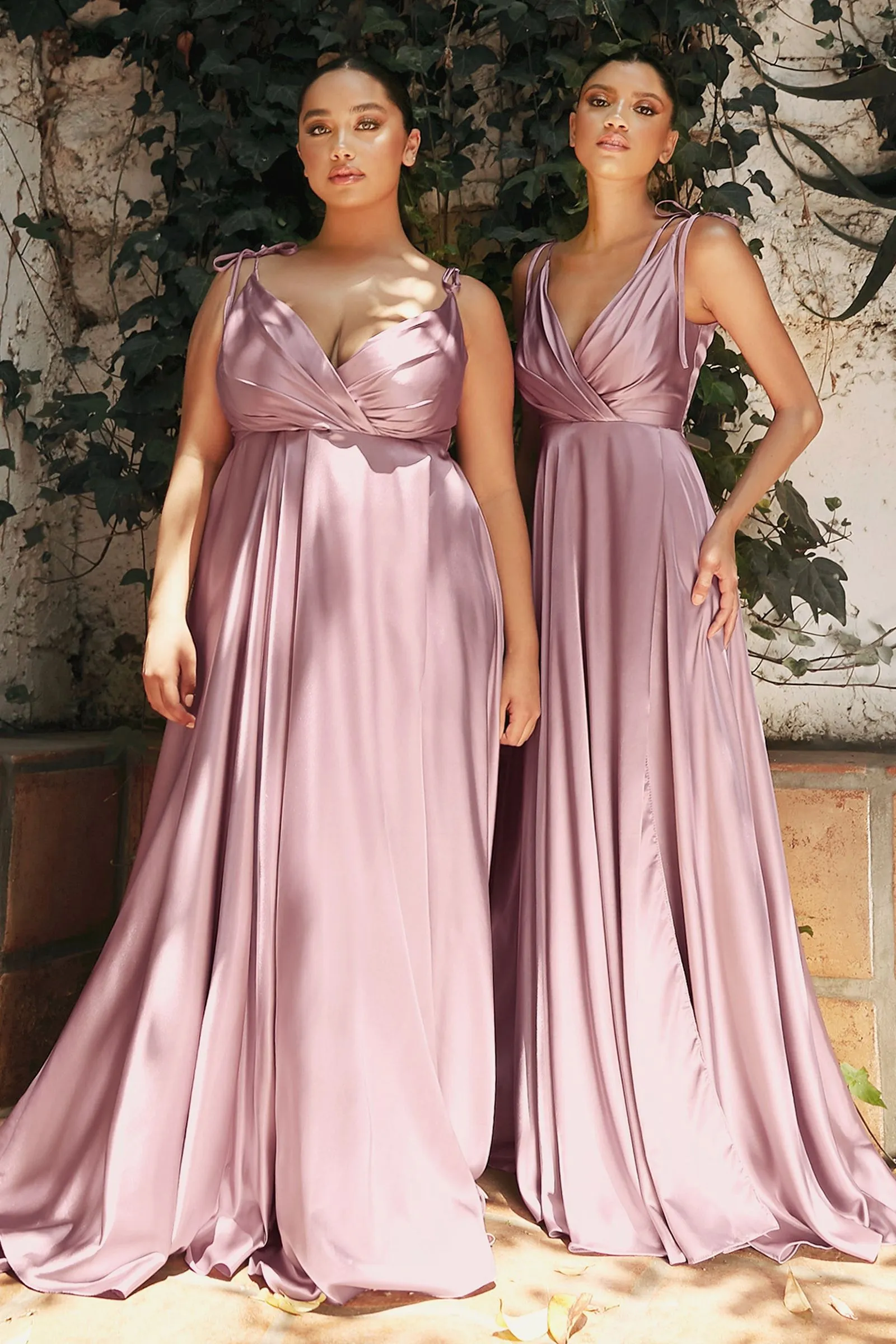 Flowy Satin A-Line Skirt High Leg Slit Fitted on Waist Bodice Tied Straps Long Bridesmaid Dress CDBD105