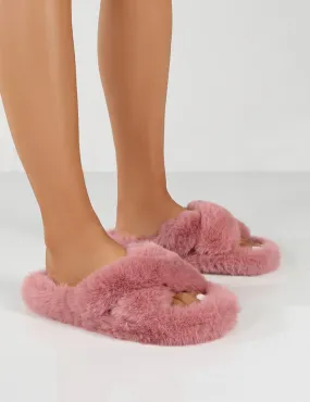 Fluffy Light Pink Faux Fur Cross Over Slipper