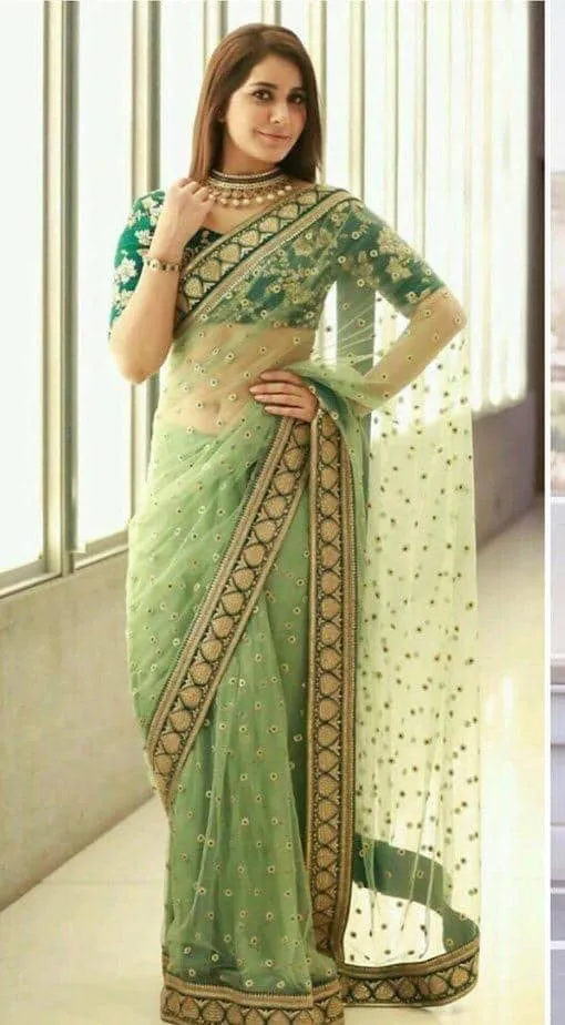 Fresh Indian Mint green Net embroidered saree # B1958